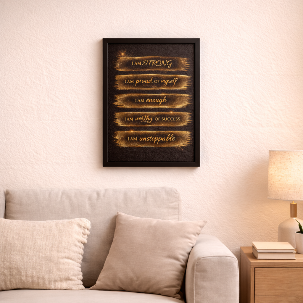 I Am Strong Affirmation Wall Art – Luxury Gold Motivational Frame Poster