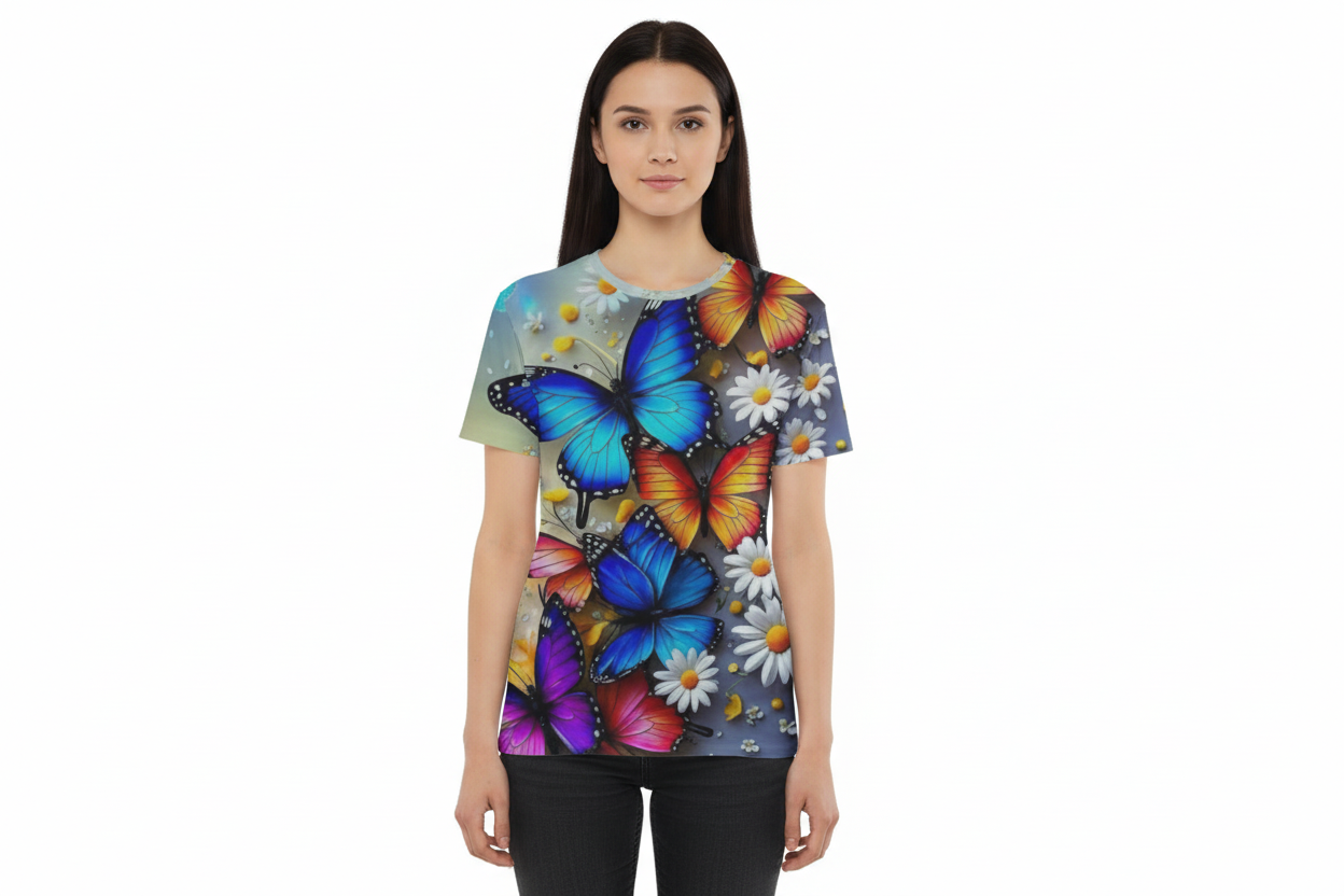 Ethereal Butterflies & Daisies" All-Over Print T-Shirt | Premium Vibrant Nature Graphic Tee