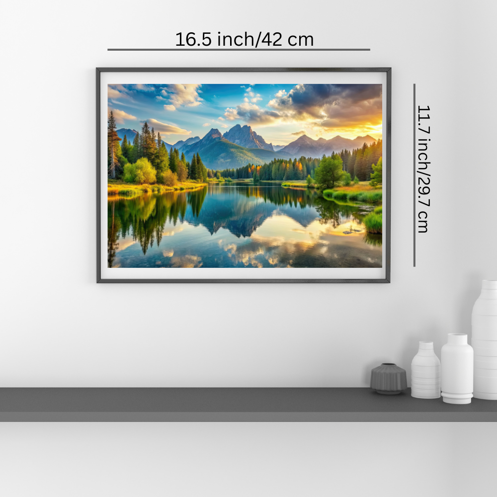 Mountain Lake Sunset Wall Art – A3 Vinyl Sticker Poster for Living Room, Bedroom & Office