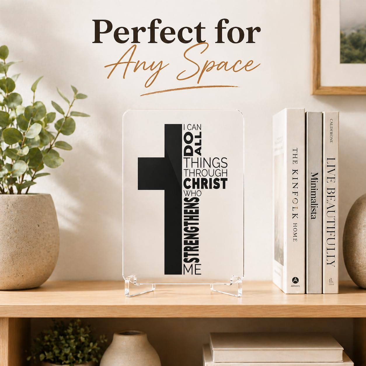 Christian Acrylic Desk Plaque – “I Can Do All Things Through Christ” Bible Verse Display – Modern Acrylic Stand Frame for Home Office Decor, Faith Gift for Women Men