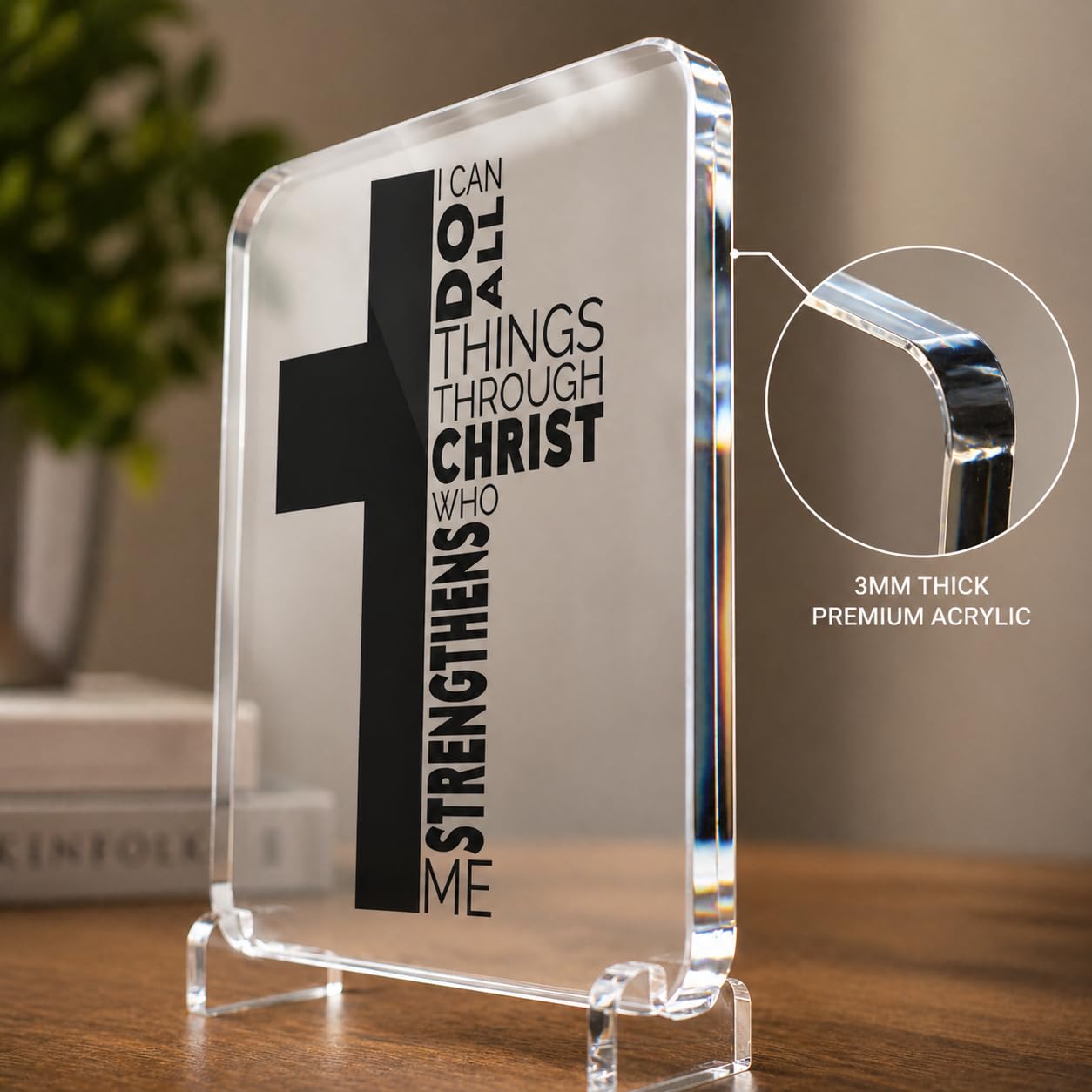 Christian Acrylic Desk Plaque – “I Can Do All Things Through Christ” Bible Verse Display – Modern Acrylic Stand Frame for Home Office Decor, Faith Gift for Women Men
