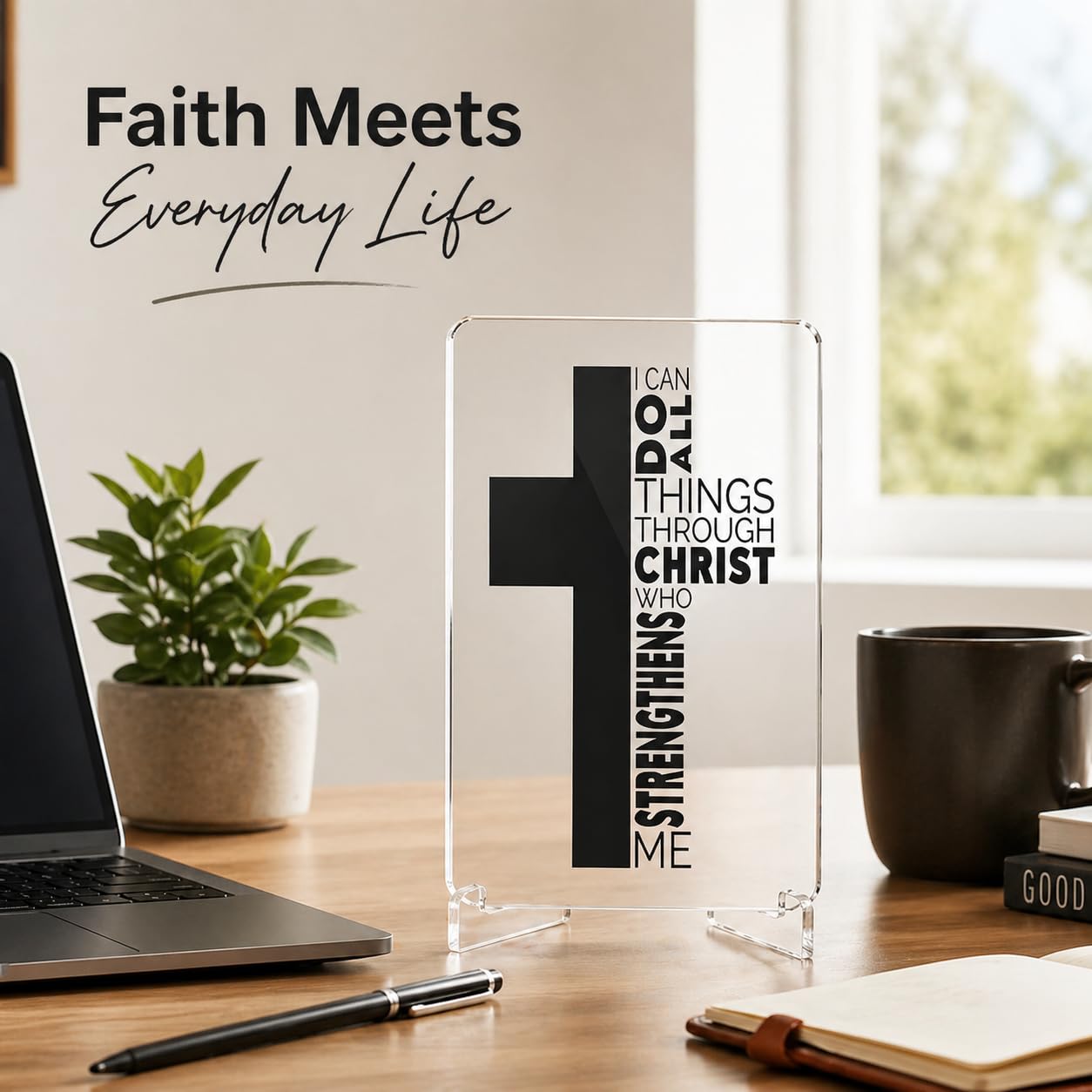 Christian Acrylic Desk Plaque – “I Can Do All Things Through Christ” Bible Verse Display – Modern Acrylic Stand Frame for Home Office Decor, Faith Gift for Women Men
