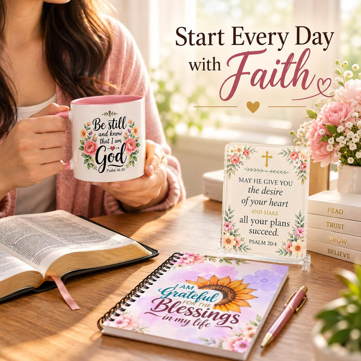 Christian Gift Set with Ceramic Mug, Notebook & Acrylic Stand