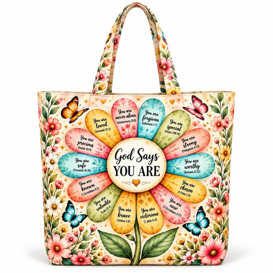 Christian Gift Tote Bag for Women & Girls, God Says You Are Bible Verse Scripture Bag, Birthday Gift for Daughter Sister Friend, Faith-Based Floral Butterfly Tote with Zipper & Water Bottle Holder