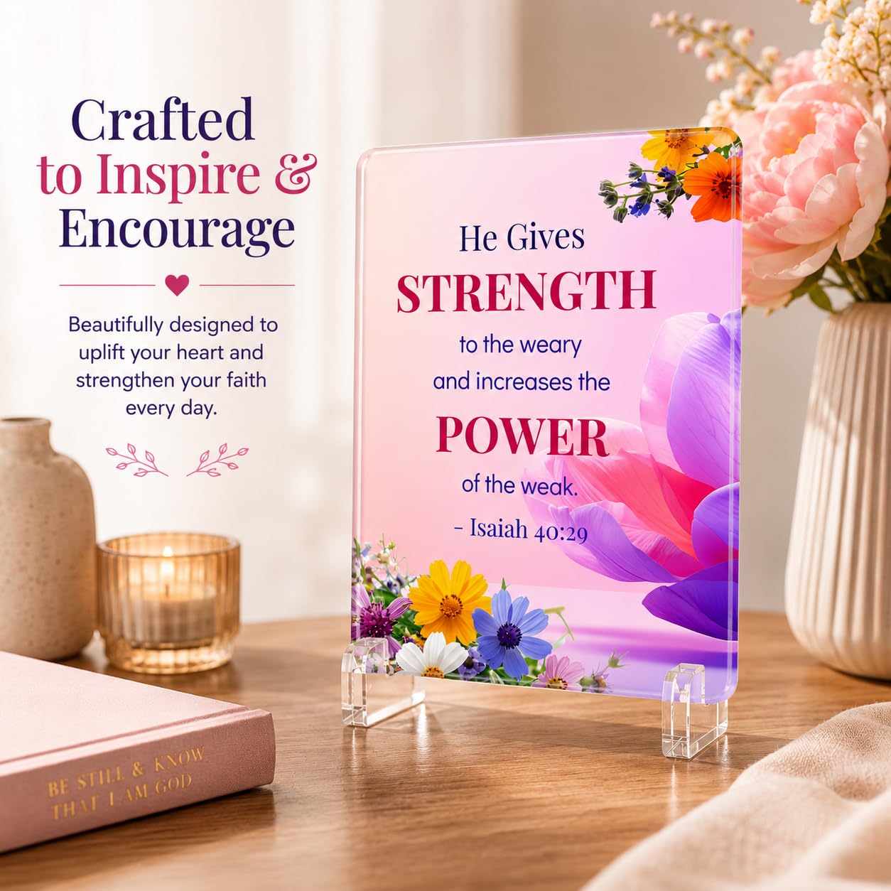 Christian Acrylic Desk Plaque – Bible Verse Display – Modern Acrylic Stand Frame for Home Office Decor, Faith Gift for Women Men