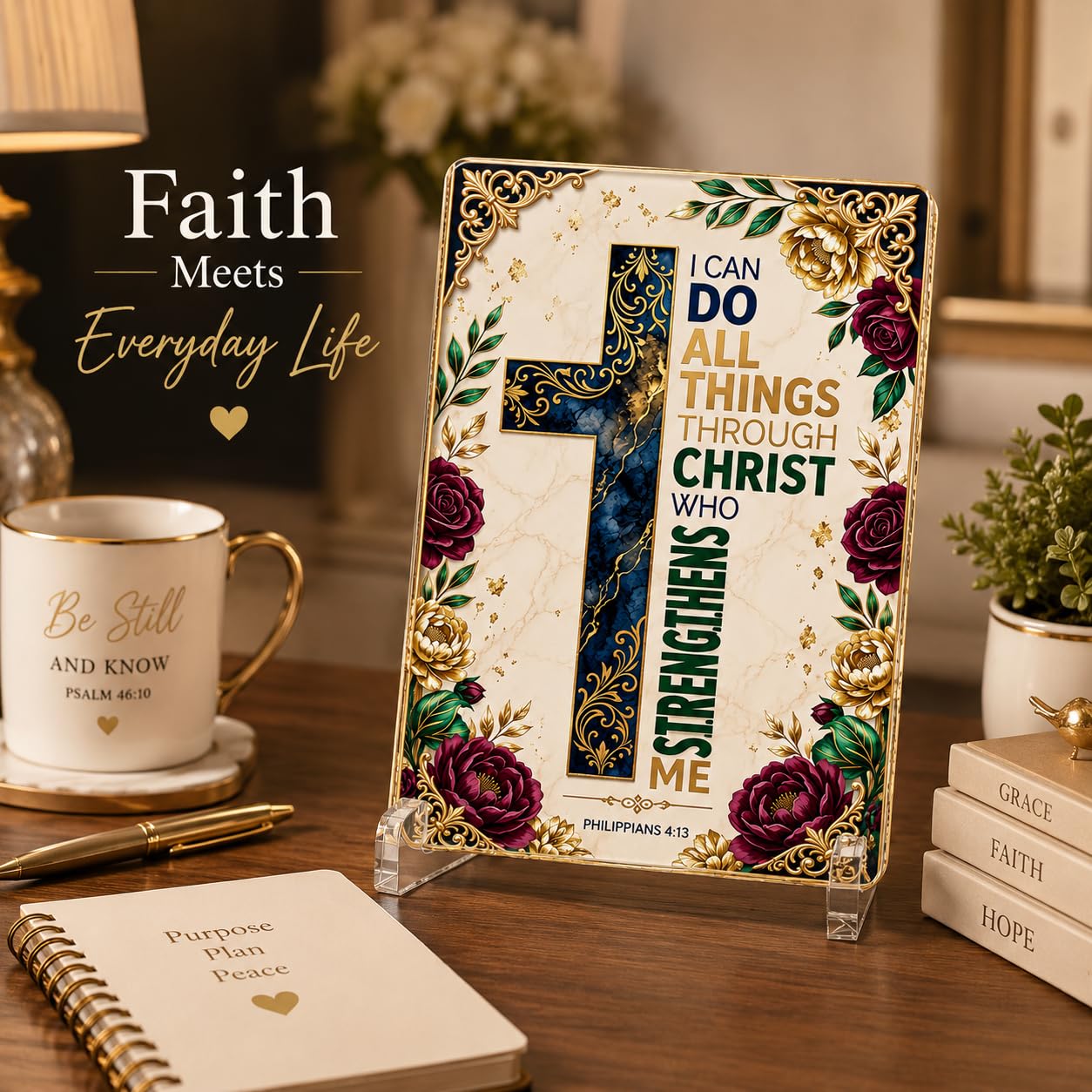 Christian Acrylic Desk Plaque – Bible Verse Display – Modern Acrylic Stand Frame for Home Office Decor, Faith Gift for Women Men