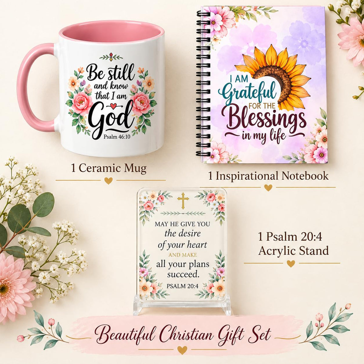 Christian Gift Set with Ceramic Mug, Notebook & Acrylic Stand