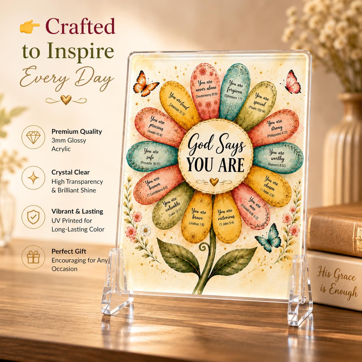Christian Acrylic Desk Plaque – Bible Verse Display – Modern Acrylic Stand Frame for Home Office Decor, Faith Gift for Women Men