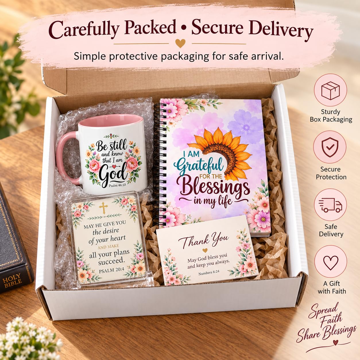 Christian Gift Set with Ceramic Mug, Notebook & Acrylic Stand