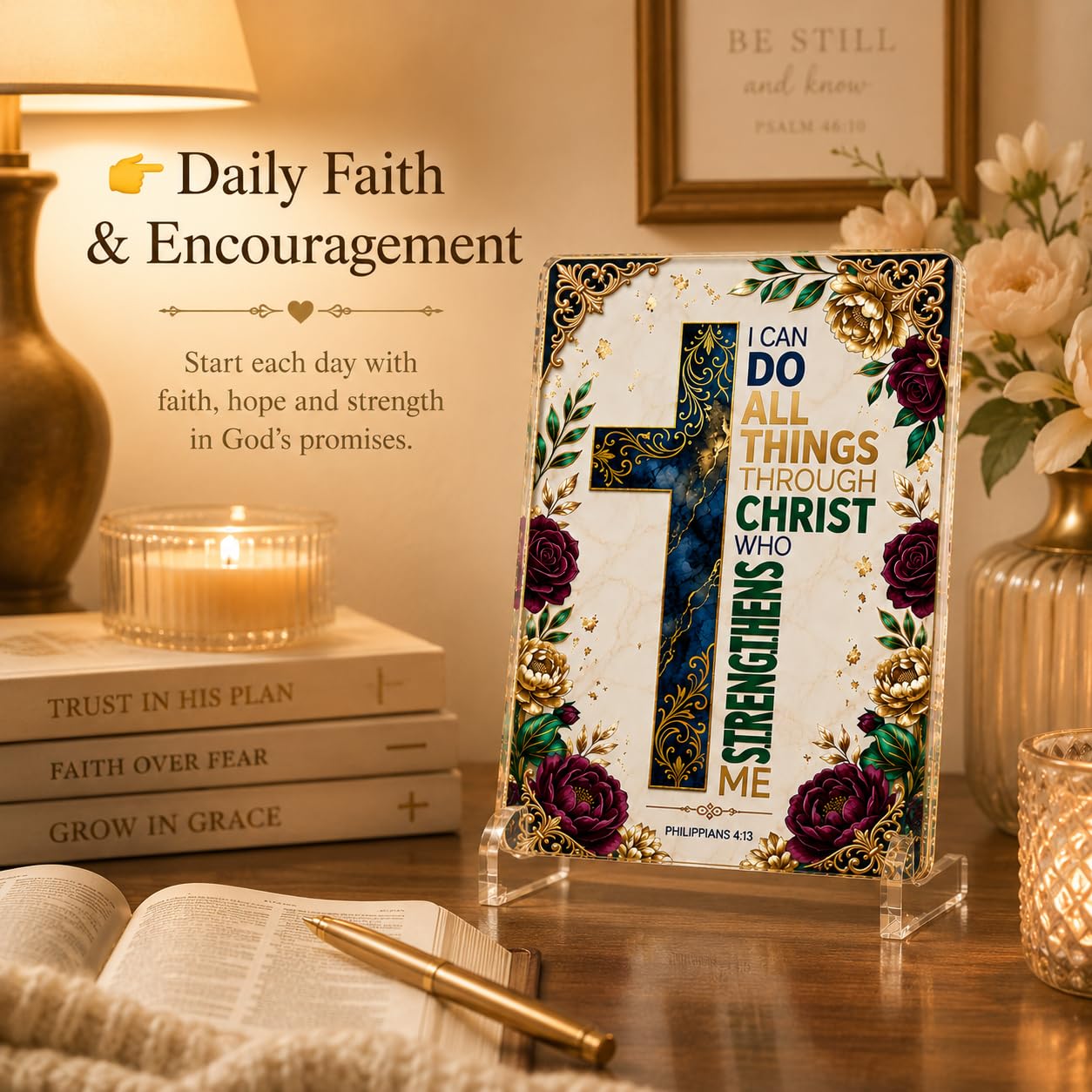 Christian Acrylic Desk Plaque – Bible Verse Display – Modern Acrylic Stand Frame for Home Office Decor, Faith Gift for Women Men