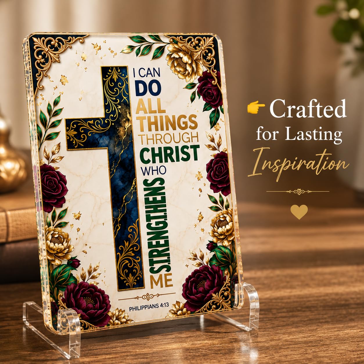 Christian Acrylic Desk Plaque – Bible Verse Display – Modern Acrylic Stand Frame for Home Office Decor, Faith Gift for Women Men