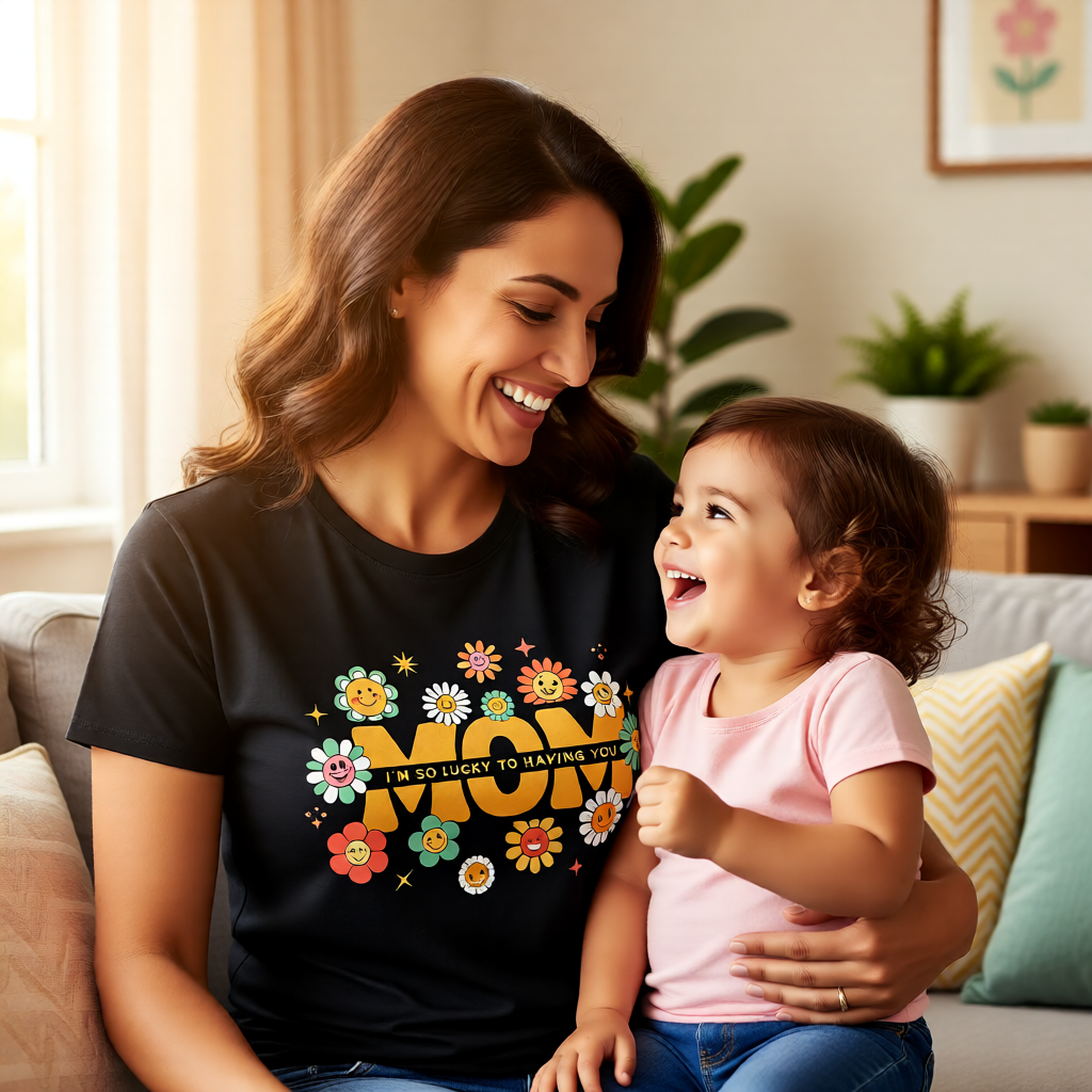 Mom T-Shirt Gift – Cute “I’m So Lucky to Have You” Floral Graphic Tee for Mother – Soft Cotton Casual Shirt – Perfect for Mother’s Day, Birthday Gift for Mom