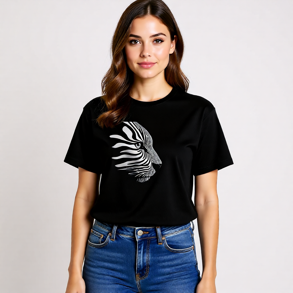 Woman wearing a black t-shirt with a tiger graphic on a plain background