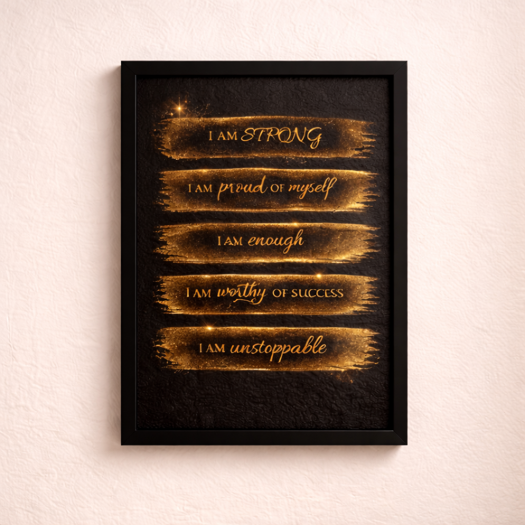 I Am Strong Affirmation Wall Art – Luxury Gold Motivational Frame Poster