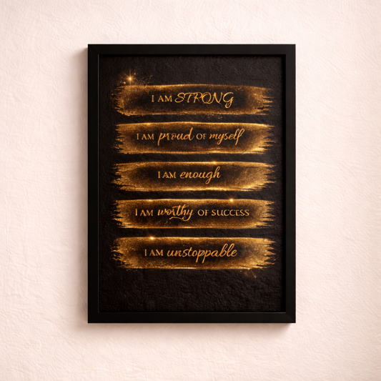 I Am Strong Affirmation Wall Art – Luxury Gold Motivational Frame Poster