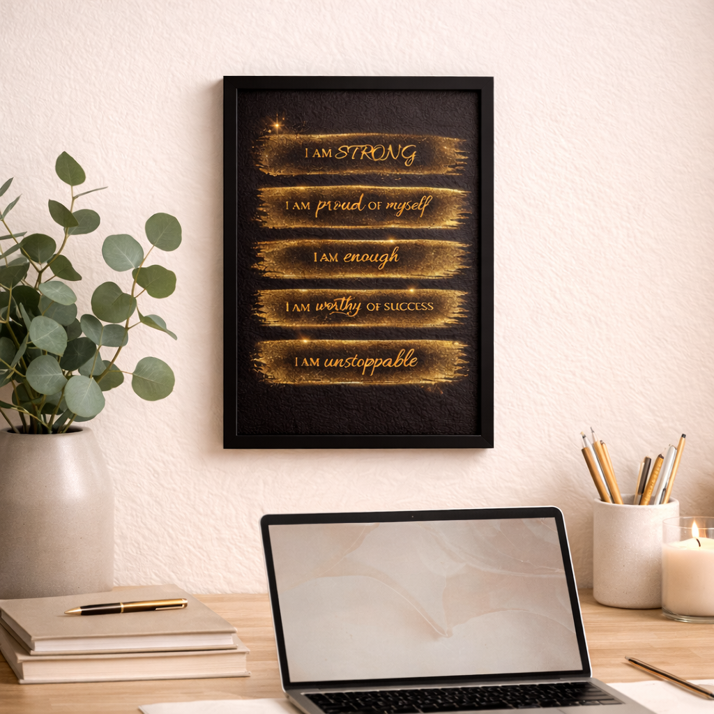 I Am Strong Affirmation Wall Art – Luxury Gold Motivational Frame Poster