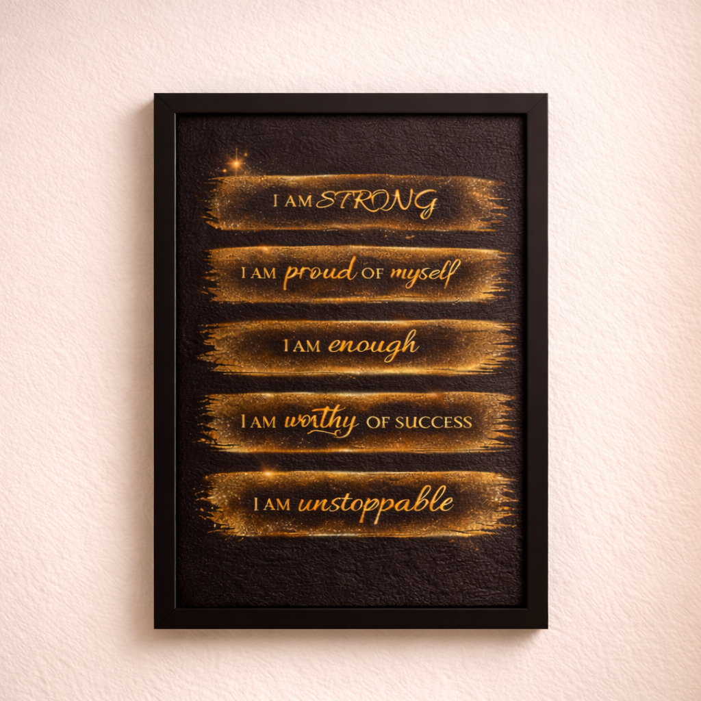 I Am Strong Affirmation Wall Art – Luxury Gold Motivational Frame Poster