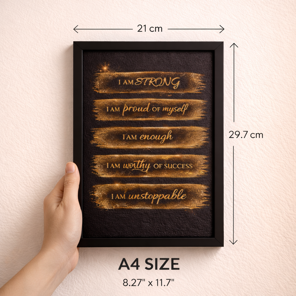 I Am Strong Affirmation Wall Art – Luxury Gold Motivational Frame Poster