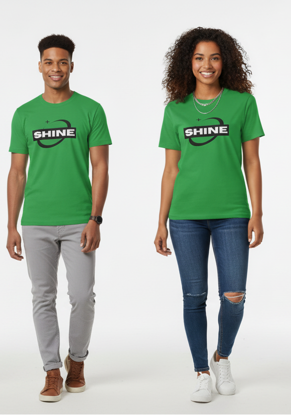 Two people wearing green 'SHINE' t-shirts on a white background