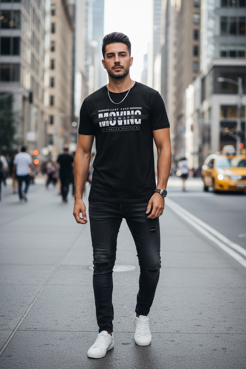 Man wearing a black t-shirt with text and dark jeans on a city street.