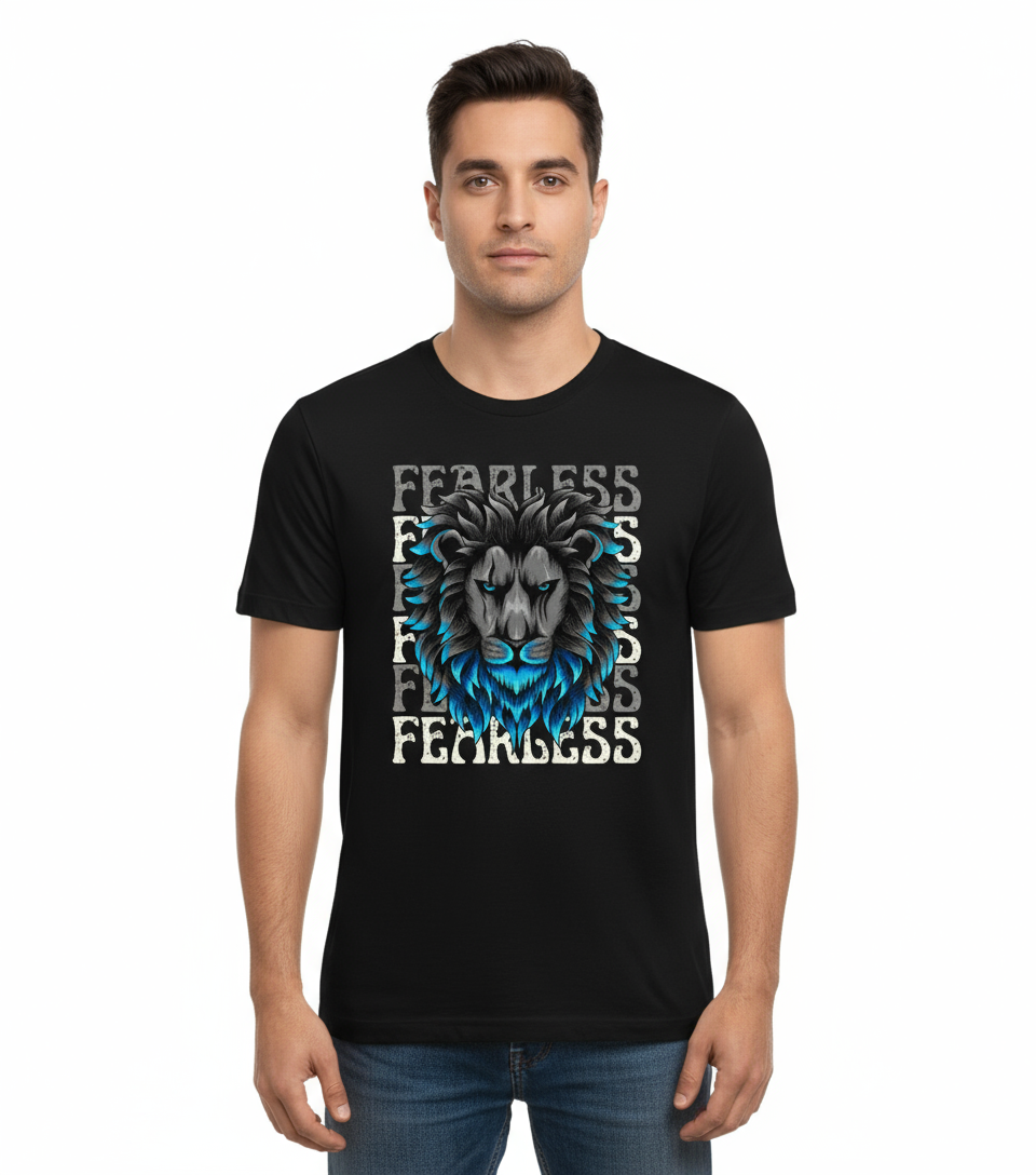 Man wearing a black t-shirt with a lion graphic and 'FEARLESS' text on a white background