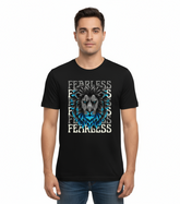 Man wearing a black t-shirt with a lion graphic and &