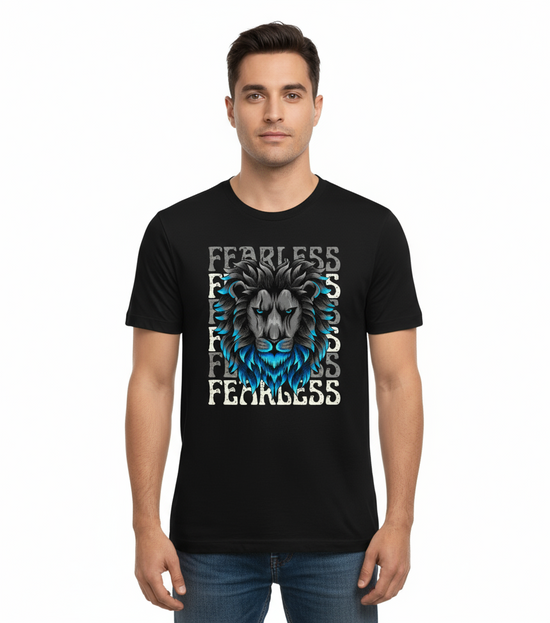 Man wearing a black t-shirt with a lion graphic and &