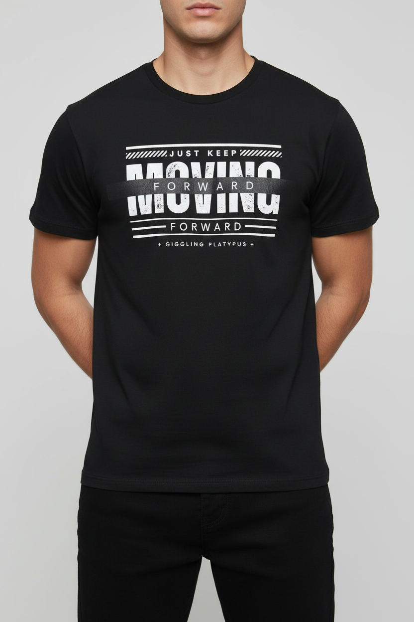 Person wearing a black t-shirt with white text on a plain background