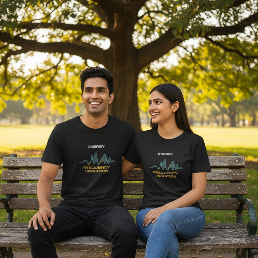 Two people sitting on a bench in a park wearing matching black t-shirts with a logo.