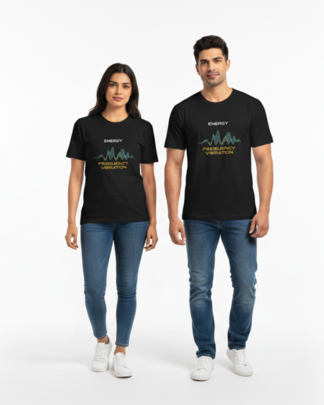 Two people wearing black t-shirts with a logo and text on a white background