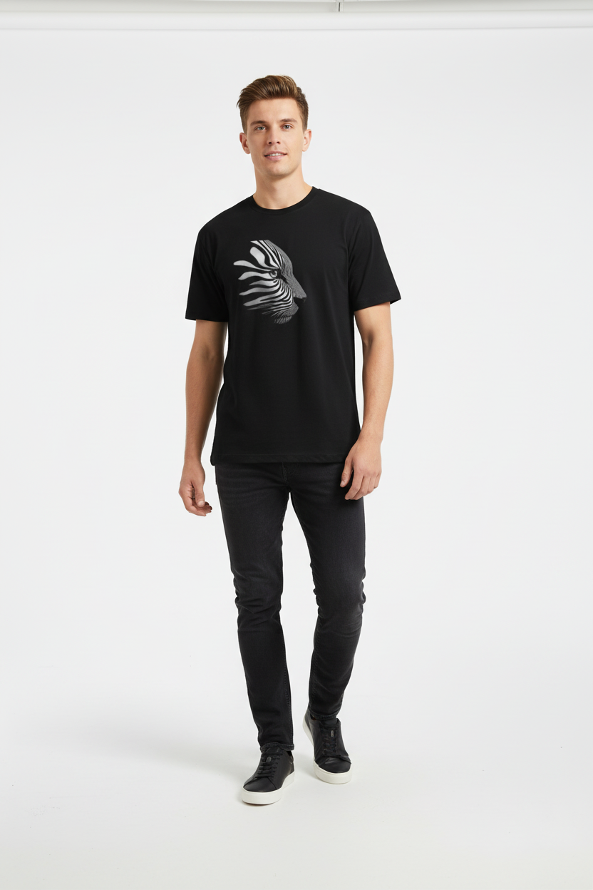 Man wearing a black t-shirt with a graphic design on a white background