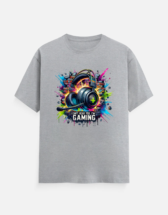 Orange unisex t-shirt with a colorful graffiti-style gaming headset graphic and the text 'I Can't Hear You I'm Gaming'