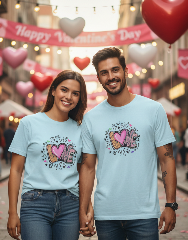 Couple wearing matching light blue t-shirts with 'LOVE' design in a Valentine's Day decorated street.