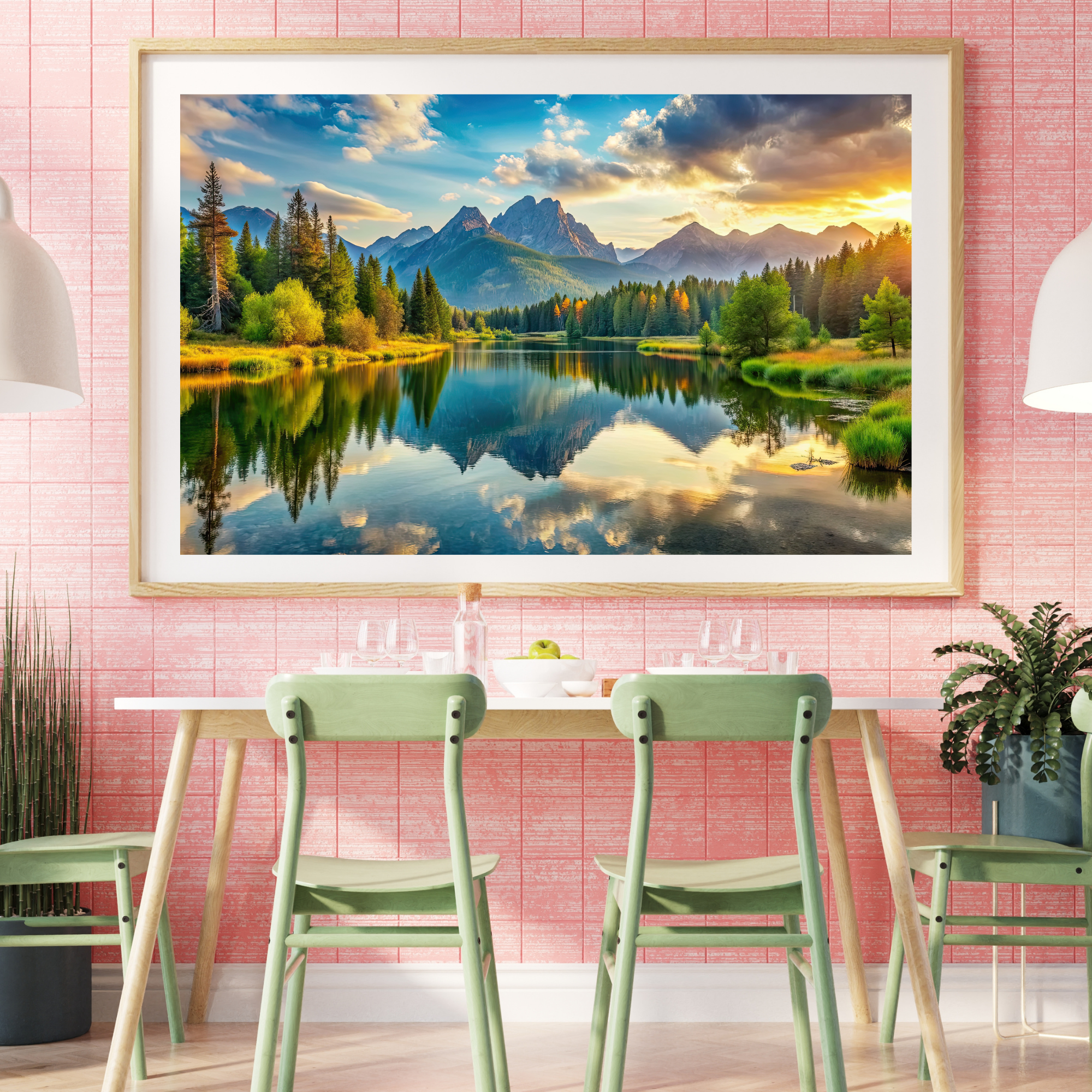 Mountain Lake Sunset Wall Art – A3 Vinyl Sticker Poster for Living Room, Bedroom & Office