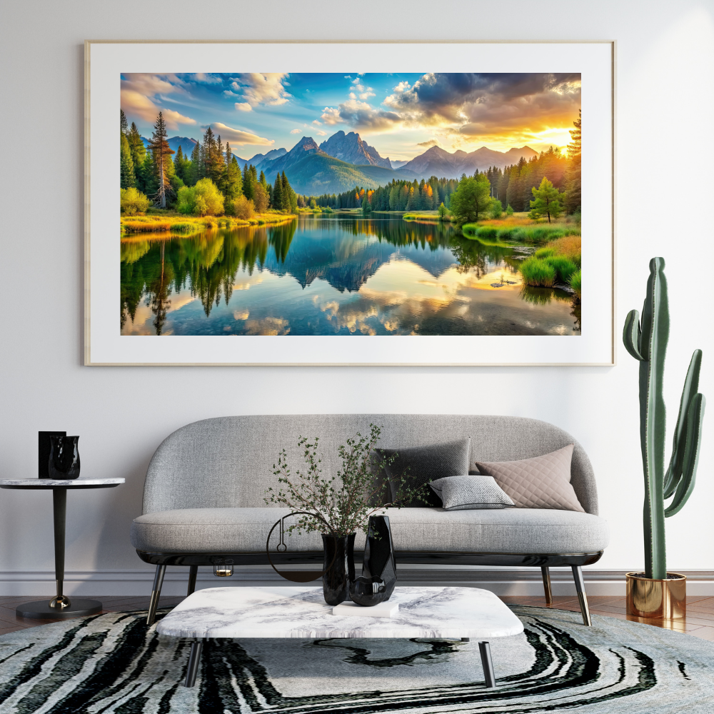 Mountain Lake Sunset Wall Art – A3 Vinyl Sticker Poster for Living Room, Bedroom & Office