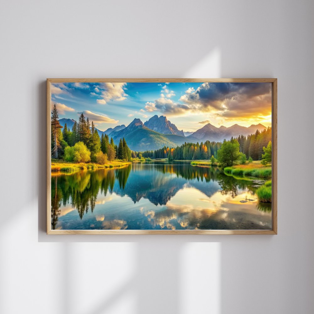 Mountain Lake Sunset Wall Art – A3 Vinyl Sticker Poster for Living Room, Bedroom & Office