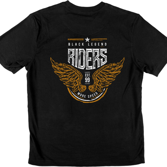 Black t-shirt with 'Black Legend Riders' graphic design on a white background